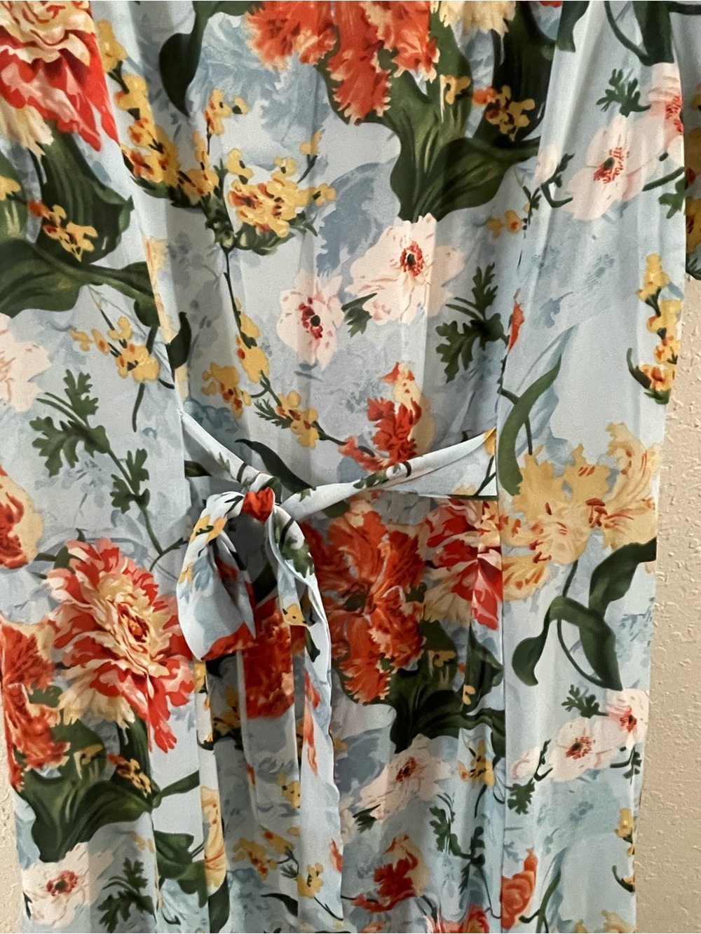 Floral V-Neck Midi Dress in Light Blue and Coral - Picture 6 of 7